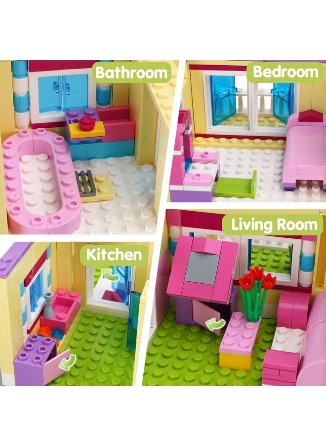 BRICK STORY Girls Friends House Building Kit, 892 PCS Big Villa Building Blocks City Family Beach House Model Toy Set Apartment Room Playset with 4 Mini People and Car for Girls Kids Aged 6 and Up