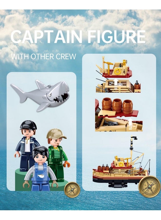City Jaws Fishing Boat Building Sets with 3 Fisherman Minifigures, Ship Building Kit with Shark Toys, Christmas Birthday Gifts Toys for Adults Kids, Compatible with Lego Boat Ship, 592 PCS