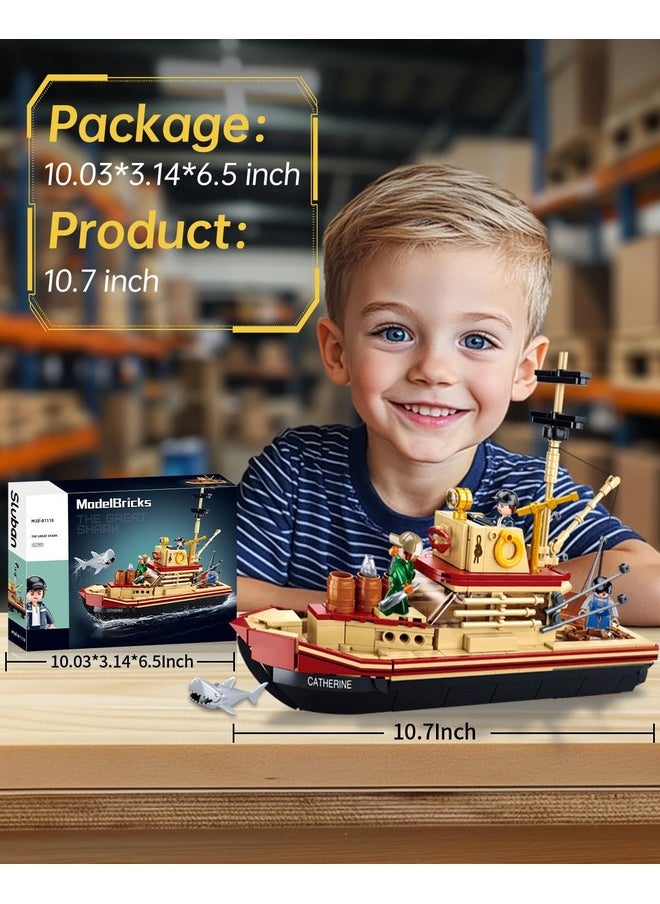 City Jaws Fishing Boat Building Sets with 3 Fisherman Minifigures, Ship Building Kit with Shark Toys, Christmas Birthday Gifts Toys for Adults Kids, Compatible with Lego Boat Ship, 592 PCS