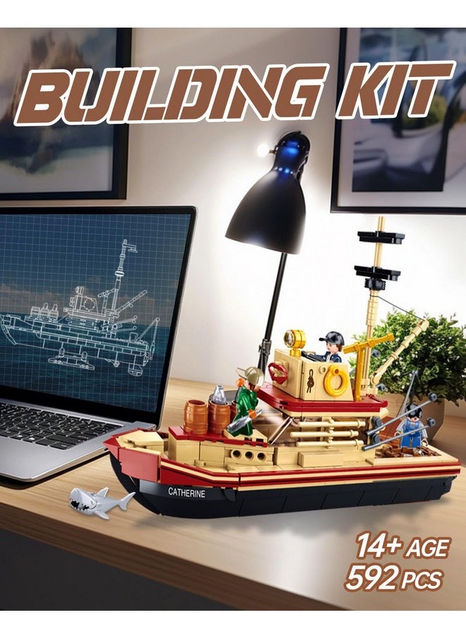 City Jaws Fishing Boat Building Sets with 3 Fisherman Minifigures, Ship Building Kit with Shark Toys, Christmas Birthday Gifts Toys for Adults Kids, Compatible with Lego Boat Ship, 592 PCS