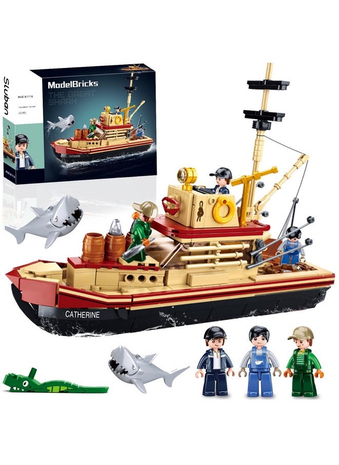City Jaws Fishing Boat Building Sets with 3 Fisherman Minifigures, Ship Building Kit with Shark Toys, Christmas Birthday Gifts Toys for Adults Kids, Compatible with Lego Boat Ship, 592 PCS