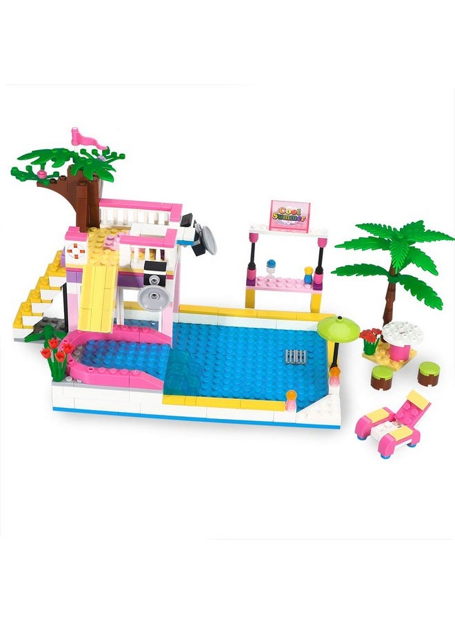 BRICK STORY Dream Girls Friends Summer Pool Party Building Sets with Diving Platform Slides Juice Bar Sun Lounger Palm Tree Summer Fun Water Park Pool Building Blocks Gift for Kids Aged 6-12 (302 PCS)
