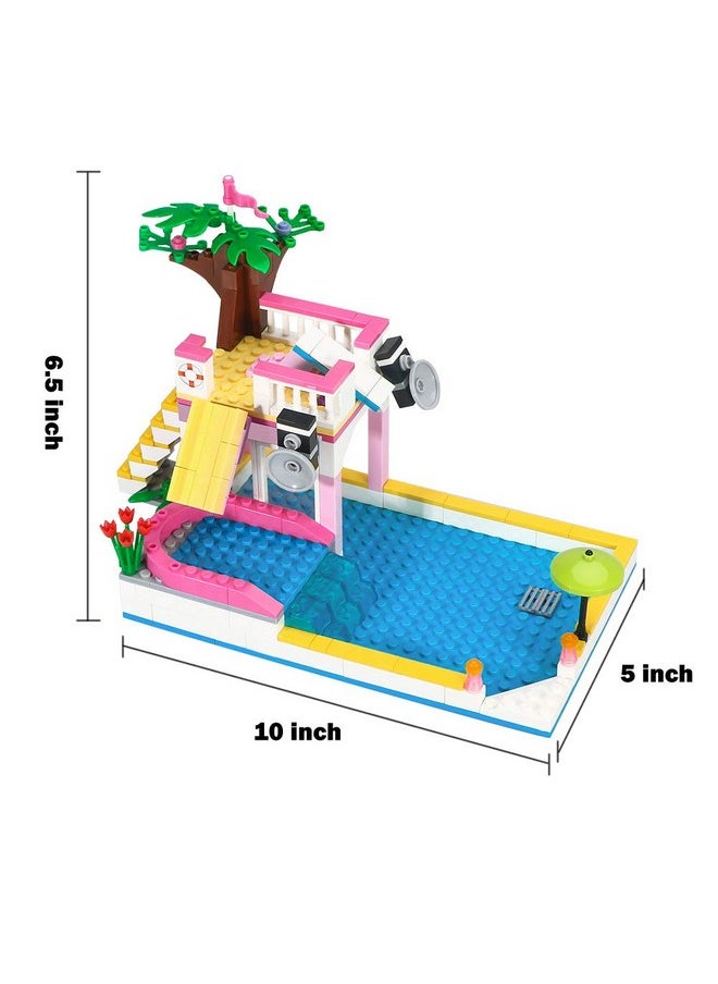 BRICK STORY Dream Girls Friends Summer Pool Party Building Sets with Diving Platform Slides Juice Bar Sun Lounger Palm Tree Summer Fun Water Park Pool Building Blocks Gift for Kids Aged 6-12 (302 PCS)