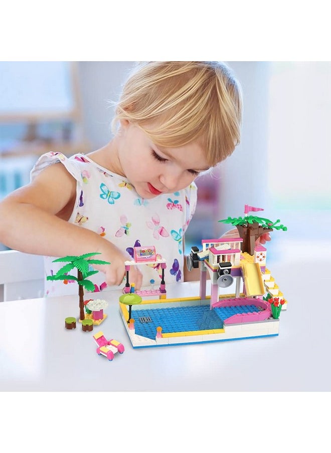 BRICK STORY Dream Girls Friends Summer Pool Party Building Sets with Diving Platform Slides Juice Bar Sun Lounger Palm Tree Summer Fun Water Park Pool Building Blocks Gift for Kids Aged 6-12 (302 PCS)