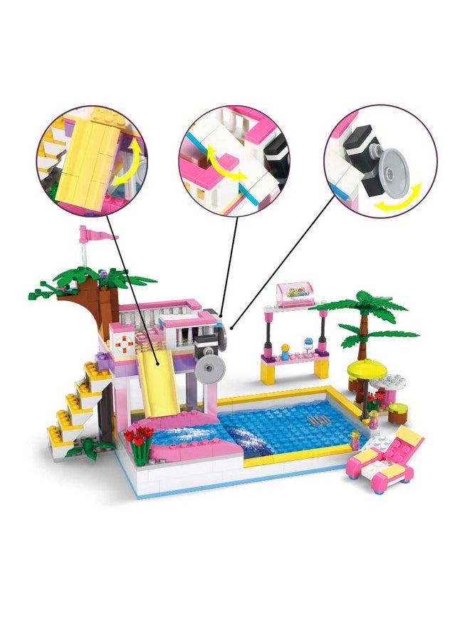 BRICK STORY Dream Girls Friends Summer Pool Party Building Sets with Diving Platform Slides Juice Bar Sun Lounger Palm Tree Summer Fun Water Park Pool Building Blocks Gift for Kids Aged 6-12 (302 PCS)