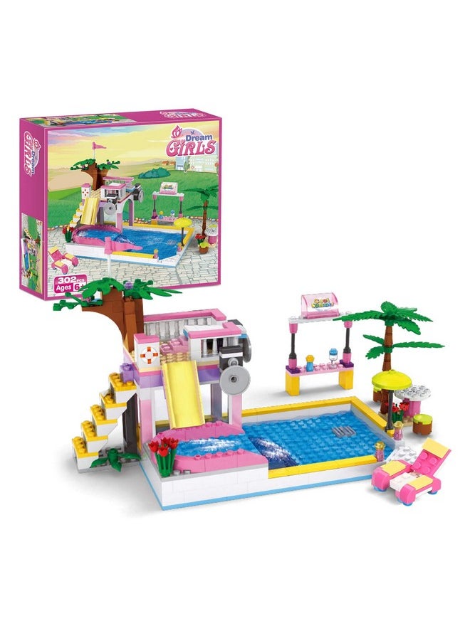 BRICK STORY Dream Girls Friends Summer Pool Party Building Sets with Diving Platform Slides Juice Bar Sun Lounger Palm Tree Summer Fun Water Park Pool Building Blocks Gift for Kids Aged 6-12 (302 PCS)