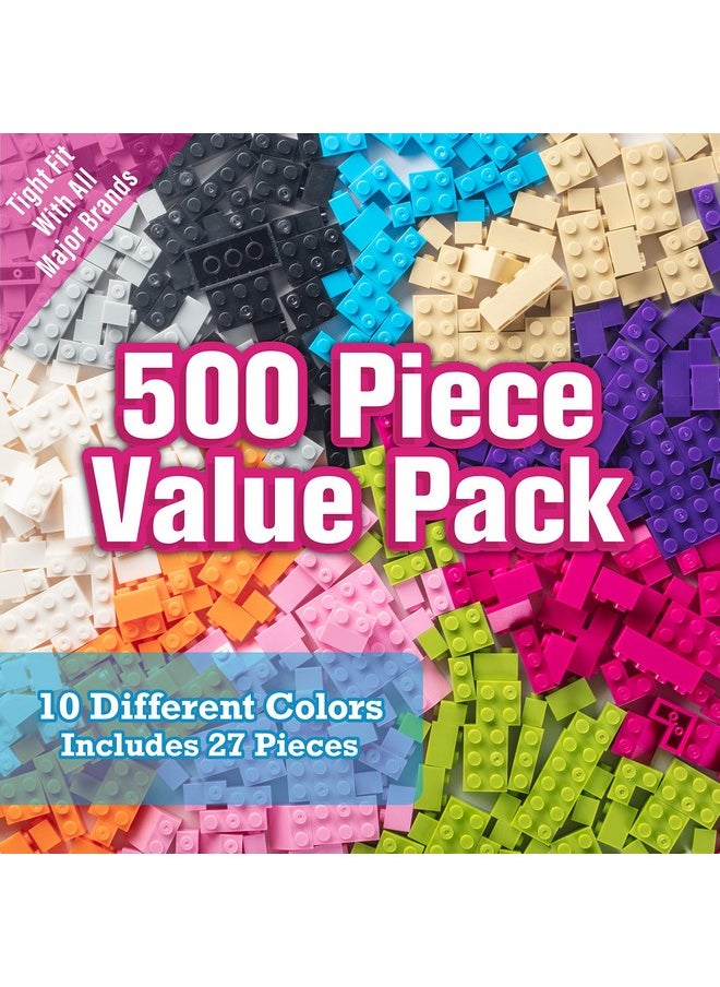 SCS Direct Building Block Friends Pastel Bricks- 500 Pcs Bulk Set-10 Colors with 27 Roof Pieces - Compatible & Tight Fit with All Major Brands- Great for Activity Tables & School Projects, Xmas Gift