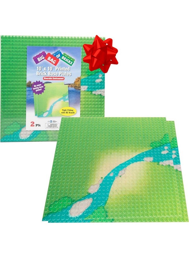 SCS Direct Brick Building Blocks Baseplates with Grassy Field and River Pattern - Large 10