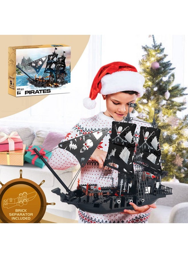 BRICK STORY 809-Piece Black Pirate Ship Building Set with Mini Figures for Kids Age 8+