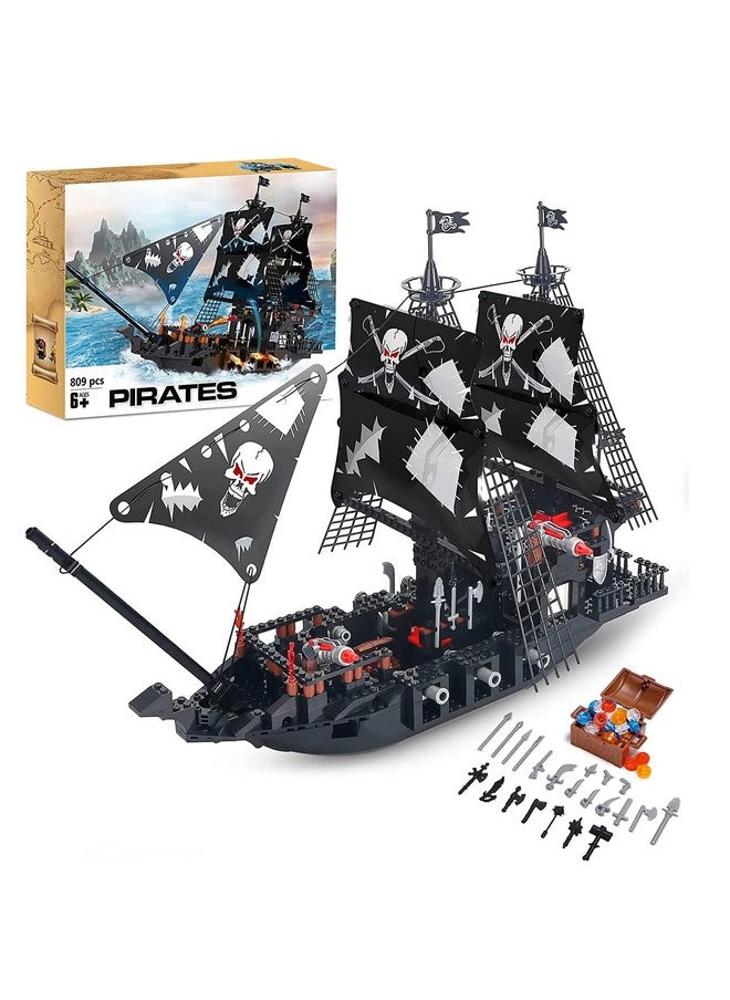 BRICK STORY 809-Piece Black Pirate Ship Building Set with Mini Figures for Kids Age 8+