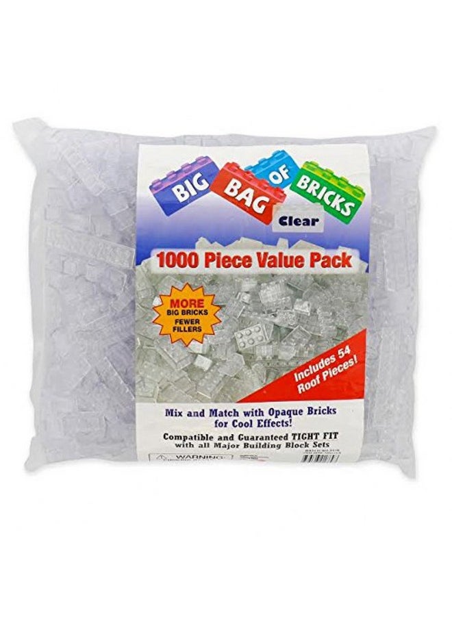 SCS Direct Building Block Bricks - 1000 Pc Bulk Set of Unique Clear Color with 54 Roof Pieces - Compatible & Tight Fit w/All Major Brands - Great for Activity Tables & School Projects, Xmas Gift