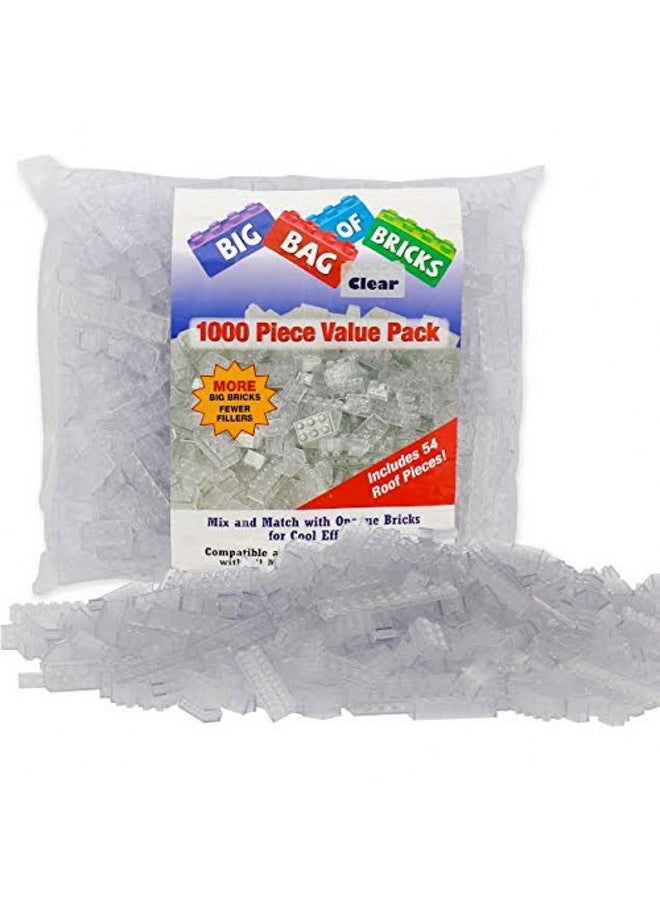 SCS Direct Building Block Bricks - 1000 Pc Bulk Set of Unique Clear Color with 54 Roof Pieces - Compatible & Tight Fit w/All Major Brands - Great for Activity Tables & School Projects, Xmas Gift