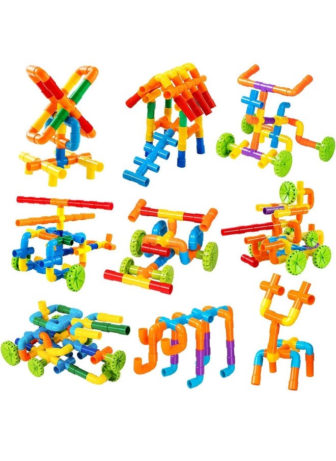 FunBlast Pipe Building Block Toy for Kids - STEM Toys for Kids, DIY Creative Building and Construction Toys, Learning Toys for Kids, Set of 90+ Pieces Pipe Blocks and 8 Wheels - Multicolor
