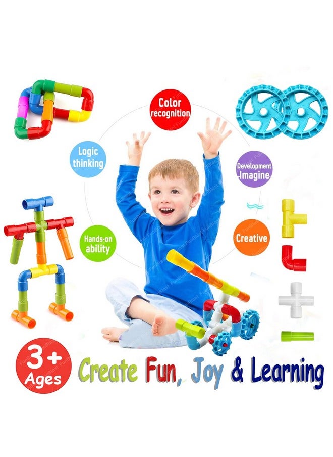 FunBlast Pipe Building Block Toy for Kids - STEM Toys for Kids, DIY Creative Building and Construction Toys, Learning Toys for Kids, Set of 90+ Pieces Pipe Blocks and 8 Wheels - Multicolor