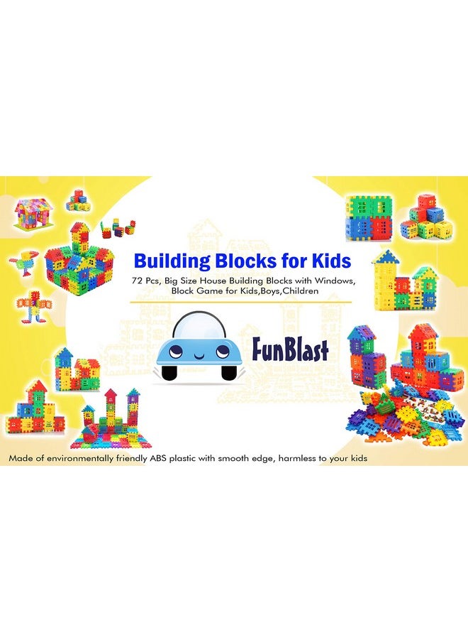 FunBlast Building Blocks For Kids, House Building Blocks with Windows, Block Game For Kids (Multicolor, Big Size) - 72 Pieces