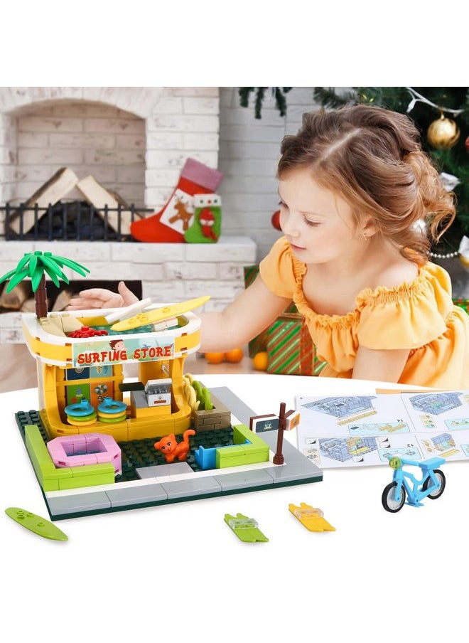 BRICK STORY Beach Surfer Shop Building Blocks Toys Friends Beach Vacation Building Set Beach Store with Surfing Accessories Building Kit Gift for Kids Aged 6-12 and up，306 Pcs