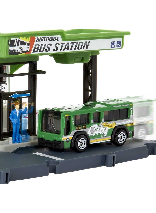 Matchbox Bus Station Track for Toy Cars Includes 1 Vehicle, Gift for Kids +3 Years Old (Mattel HDL08)