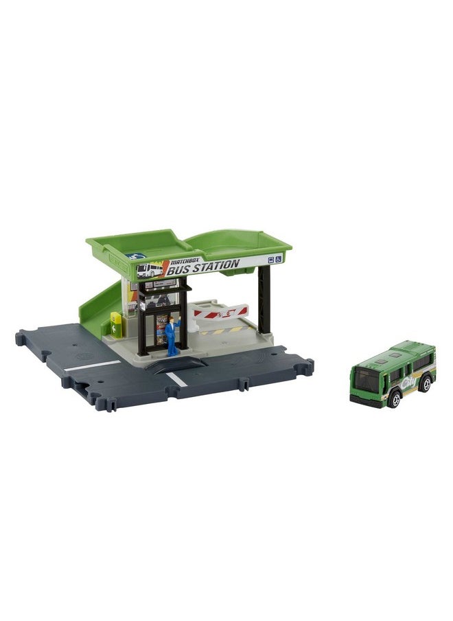 Matchbox Bus Station Track for Toy Cars Includes 1 Vehicle, Gift for Kids +3 Years Old (Mattel HDL08)