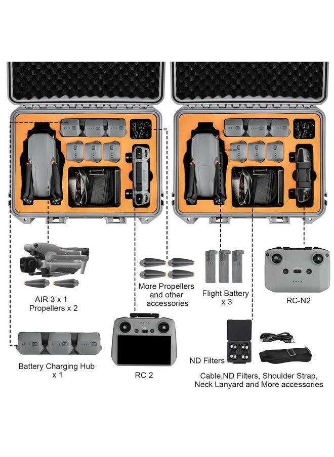 YETEETH Hard Case for DJI Air 3S Air 3, Waterproof Pressure Resistant Carrying Case for DJI Air 3S Air 3 Accessories - Fits Latest DJI RC 2/RC-N2/RC-N3 (Grey)