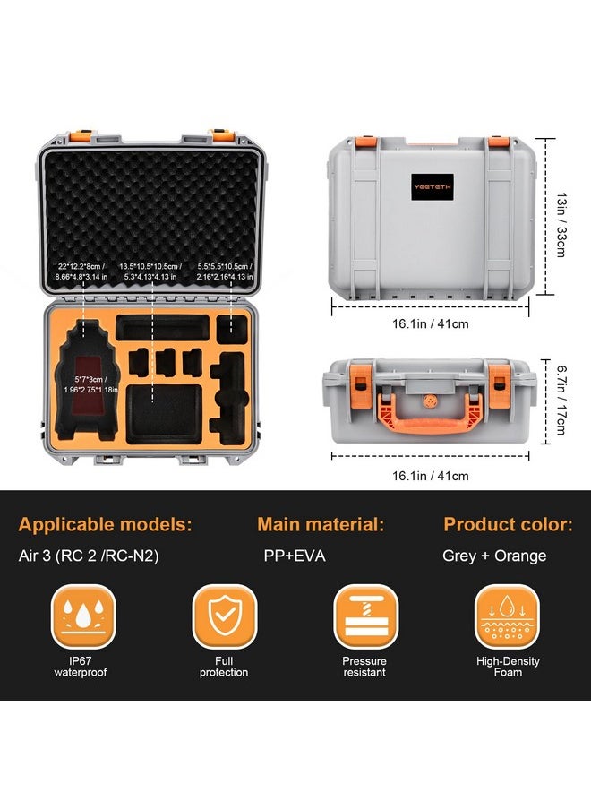 YETEETH Hard Case for DJI Air 3S Air 3, Waterproof Pressure Resistant Carrying Case for DJI Air 3S Air 3 Accessories - Fits Latest DJI RC 2/RC-N2/RC-N3 (Grey)