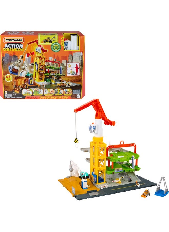 Matchbox Toy Cars & Playset, Action Drivers Epic Construction Yard, 20-in Tall Working Crane & 1:64 Scale Back Hoe & Accessories