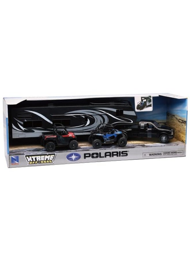 New Ray Toys Die cast Pick up Truck with Toy Hauler and 2 Polaris Vehicles (Blue RZR and red Ranger)