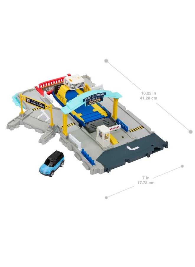 Matchbox HMH29 Ferry Port Set with Detachable Wheeled Ferry, Elements to Activate Manually or with The Help of The Land Rover Car, Children's Toy, from 3 Years Old,
