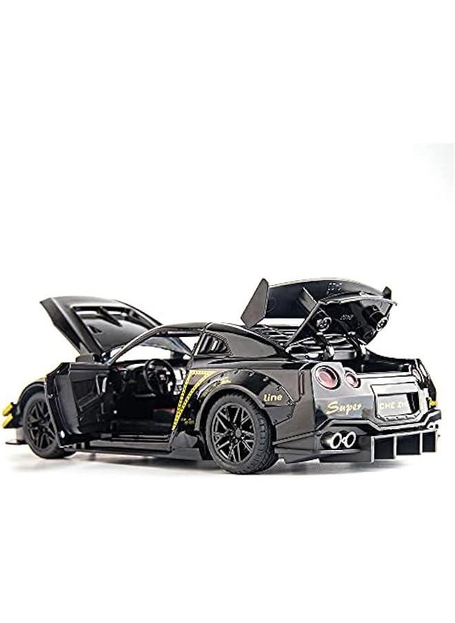 1/24 Scale Compatible for Nissan GTR Model Car Toy, Zinc Alloy Pull Back Toy car with Sound and Light for Kids Boy Girl Gift (Black)