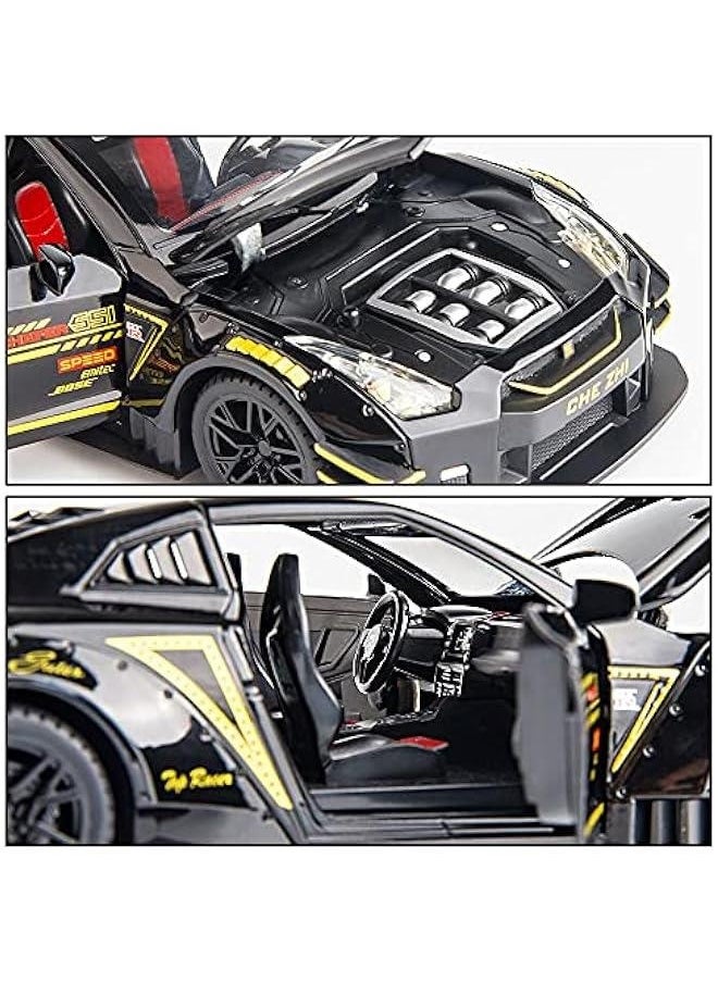 1/24 Scale Compatible for Nissan GTR Model Car Toy, Zinc Alloy Pull Back Toy car with Sound and Light for Kids Boy Girl Gift (Black)