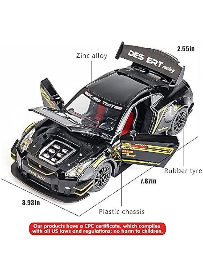 1/24 Scale Compatible for Nissan GTR Model Car Toy, Zinc Alloy Pull Back Toy car with Sound and Light for Kids Boy Girl Gift (Black)