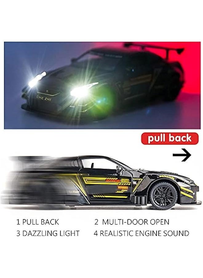 1/24 Scale Compatible for Nissan GTR Model Car Toy, Zinc Alloy Pull Back Toy car with Sound and Light for Kids Boy Girl Gift (Black)