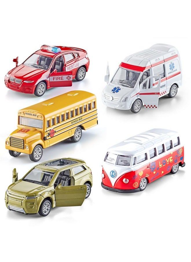 KIDAMI Die-cast Metal Toy Cars Set of 5, Openable Doors, Pull Back Cars Ambulance, Gift Pack for Kids (Official Car Ⅱ)