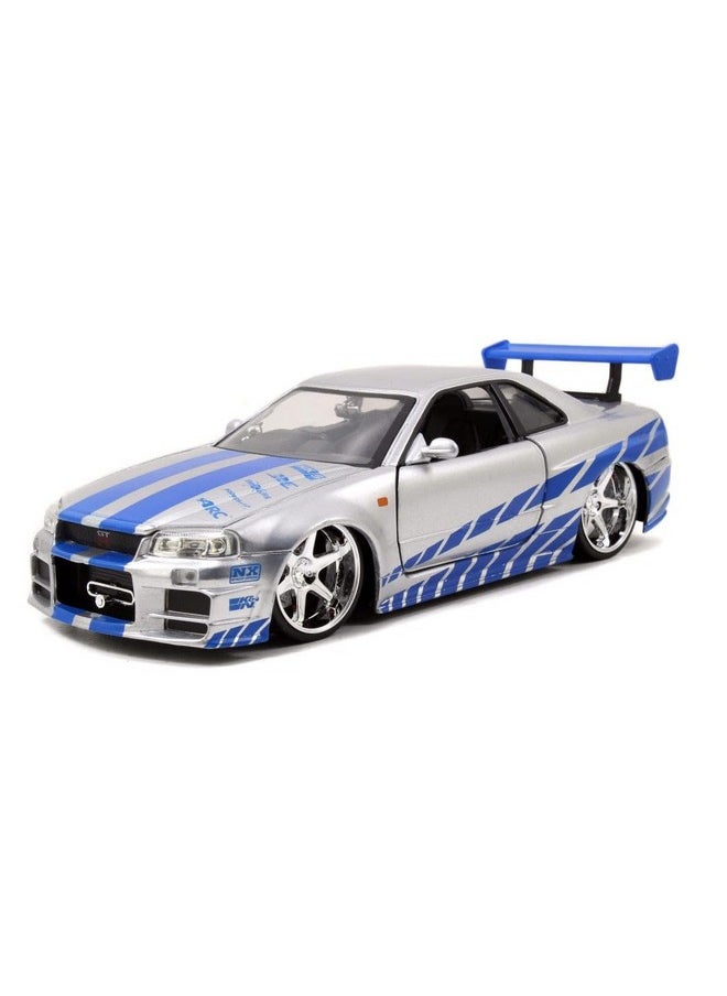 Jada Toys Fast & Furious Brian’s 2002 Nissan Skyline R34 Die-cast Car, 1:24 Scale, Silver & Blue,19808