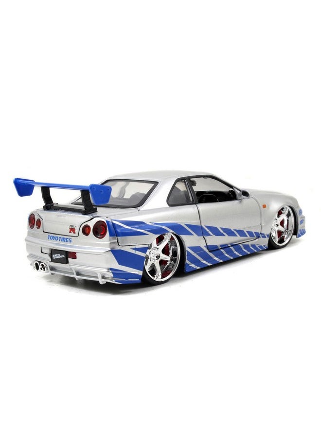 Jada Toys Fast & Furious Brian’s 2002 Nissan Skyline R34 Die-cast Car, 1:24 Scale, Silver & Blue