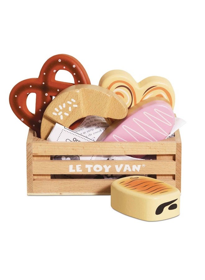 Le Toy Van - Educational Wooden Honeybee Market Baker's Basket Crate | Wood Play Food | Supermarket Pretend Play Shop Food