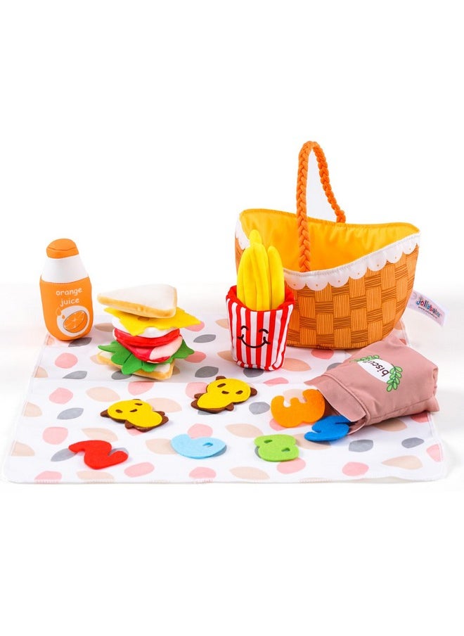 Jollybaby Mini Soft Cloth Kitchen Pretend Play Food Toys for Toddlers 1-3, Fabric Picnic Basket Fake Food Toys Set for Baby 0-6-12 Month, Montessori Sensory Stuffed Food Toys for Newborn Baby Gift