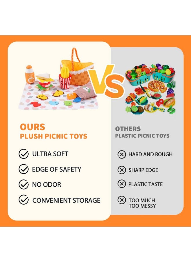 Jollybaby Mini Soft Cloth Kitchen Pretend Play Food Toys for Toddlers 1-3, Fabric Picnic Basket Fake Food Toys Set for Baby 0-6-12 Month, Montessori Sensory Stuffed Food Toys for Newborn Baby Gift