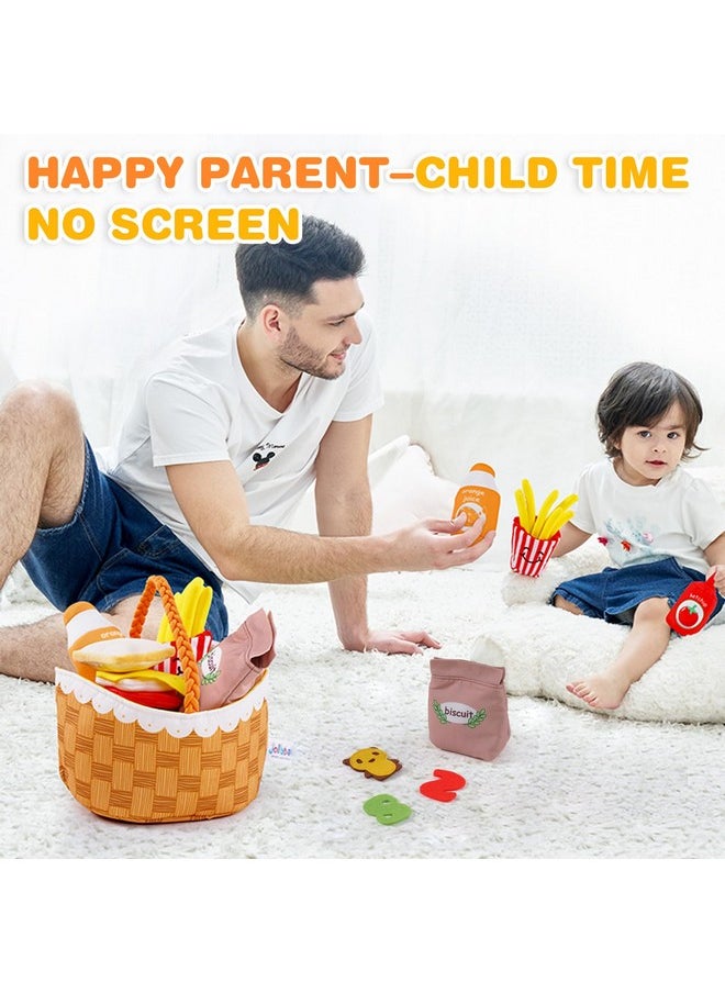 Jollybaby Mini Soft Cloth Kitchen Pretend Play Food Toys for Toddlers 1-3, Fabric Picnic Basket Fake Food Toys Set for Baby 0-6-12 Month, Montessori Sensory Stuffed Food Toys for Newborn Baby Gift