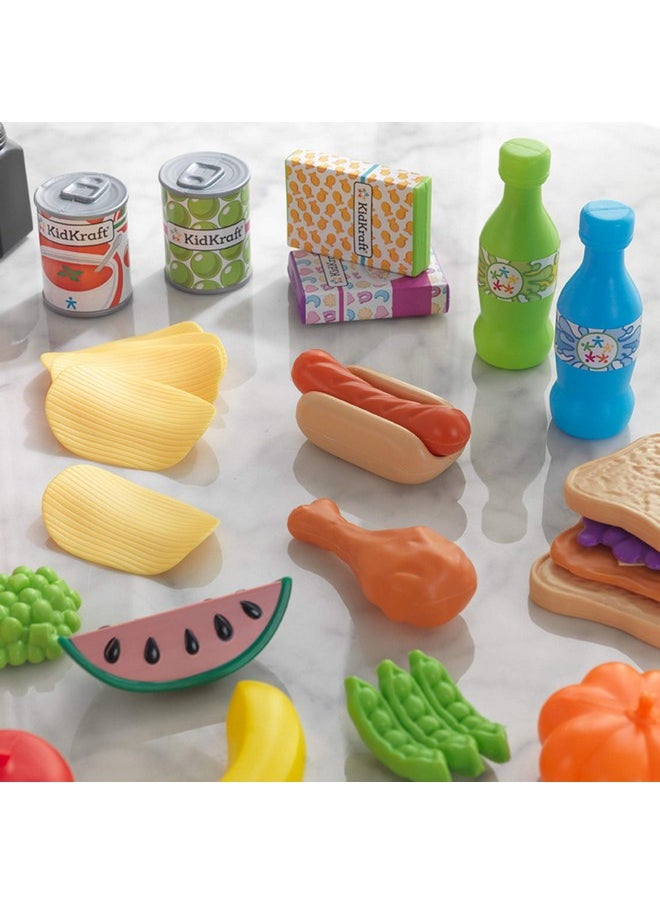 KidKraft 65-Piece Plastic Play Food Set for Play Kitchens, Fruits, Veggies, Sweets, Drinks and More, Gift for Ages 3+