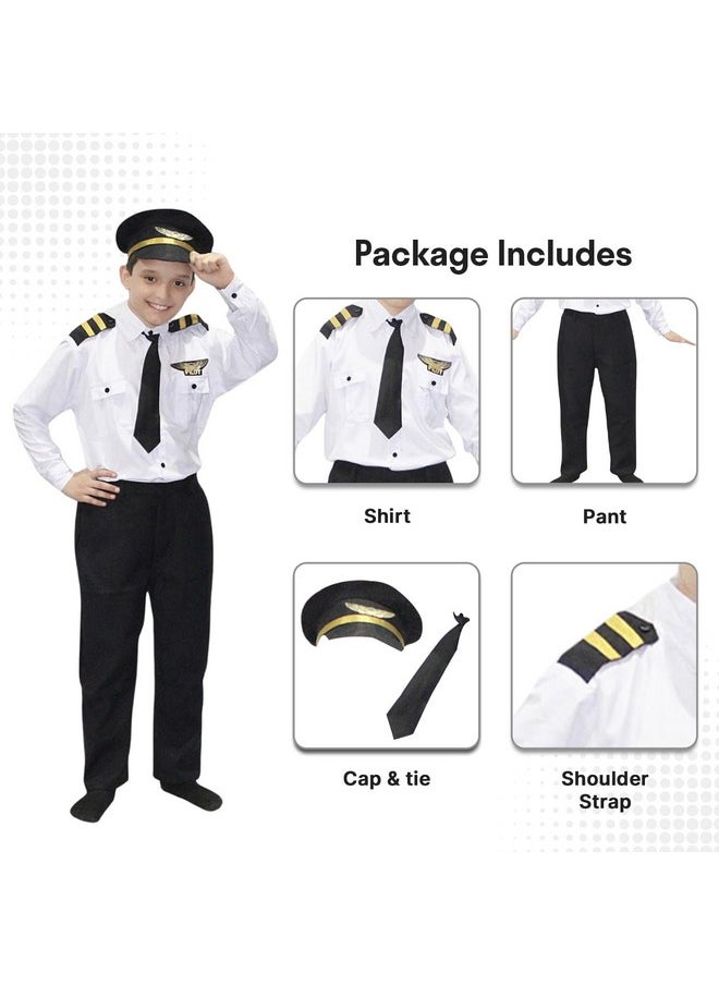 Kaku Fancy Dresses Polyester Our Community Helper Pilot Costume For Kids White Pilot Shirt & Black Pant With Black Cap For Boys & Girls - 7-8 Years