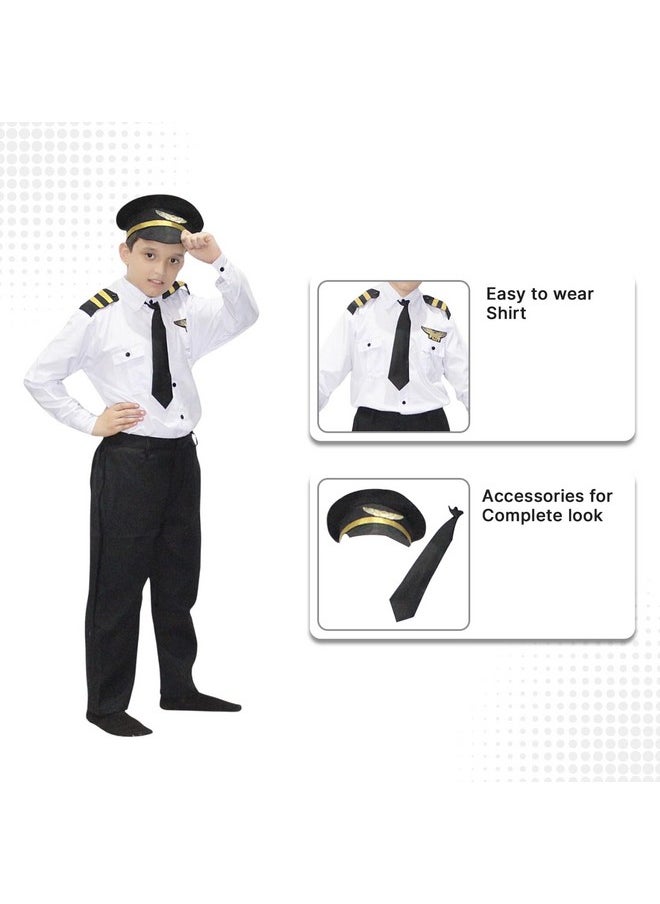 Kaku Fancy Dresses Polyester Our Community Helper Pilot Costume For Kids White Pilot Shirt & Black Pant With Black Cap For Boys & Girls - 7-8 Years