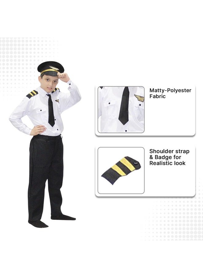Kaku Fancy Dresses Polyester Our Community Helper Pilot Costume For Kids White Pilot Shirt & Black Pant With Black Cap For Boys & Girls - 7-8 Years