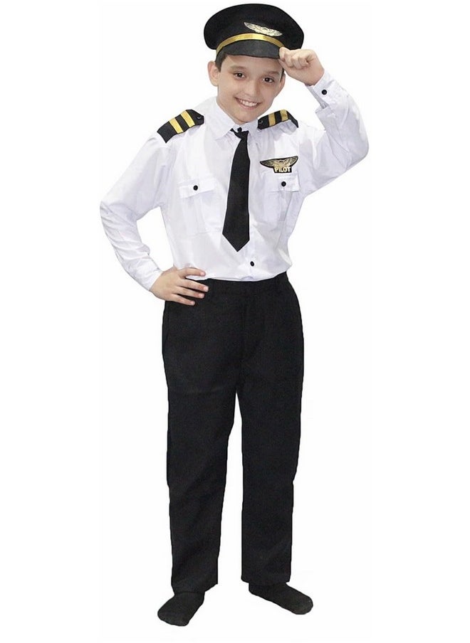 Kaku Fancy Dresses Polyester Our Community Helper Pilot Costume For Kids White Pilot Shirt & Black Pant With Black Cap For Boys & Girls - 7-8 Years