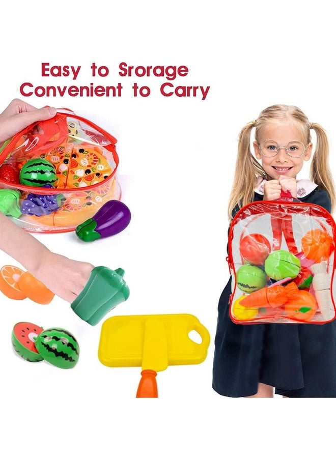 PLUSPOINT Food Cutting Toys with Pizza 15 PCS with Storage Bag Play Cutting Food Kitchen Toy Fruits Vegetables Pretend Playset Early Learning Toy Gifts for Toddlers Kids Boys Girls (Pizza Backpack)