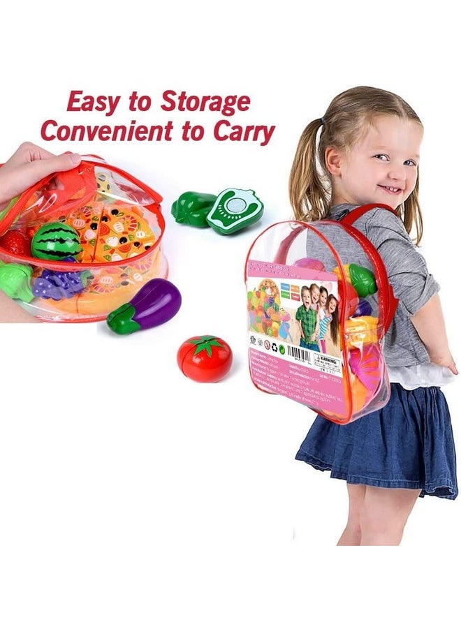 PLUSPOINT Food Cutting Toys with Pizza 15 PCS with Storage Bag Play Cutting Food Kitchen Toy Fruits Vegetables Pretend Playset Early Learning Toy Gifts for Toddlers Kids Boys Girls (Pizza Backpack)