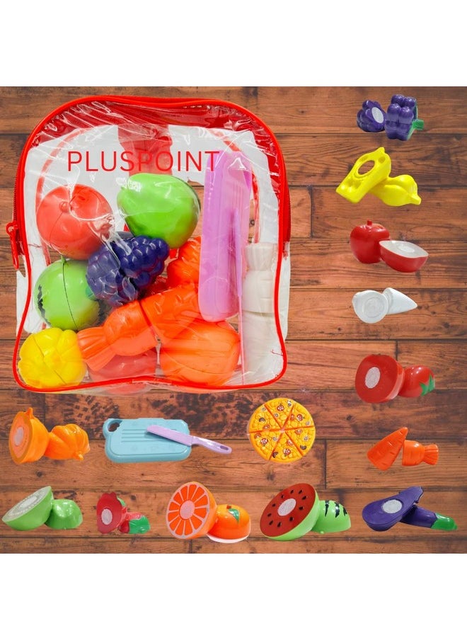 PLUSPOINT Food Cutting Toys with Pizza 15 PCS with Storage Bag Play Cutting Food Kitchen Toy Fruits Vegetables Pretend Playset Early Learning Toy Gifts for Toddlers Kids Boys Girls (Pizza Backpack)