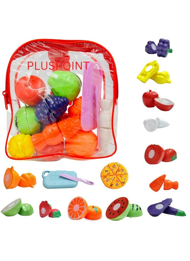 PLUSPOINT Food Cutting Toys with Pizza 15 PCS with Storage Bag Play Cutting Food Kitchen Toy Fruits Vegetables Pretend Playset Early Learning Toy Gifts for Toddlers Kids Boys Girls (Pizza Backpack)