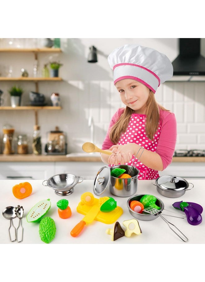 Juboury Kitchen Pretend Play Toys with Stainless Steel Cookware Pots and Pans Set, Cooking Utensils, Apron & Chef Hat, Cutting Vegetables for Kids, Girls, Boys, Toddlers