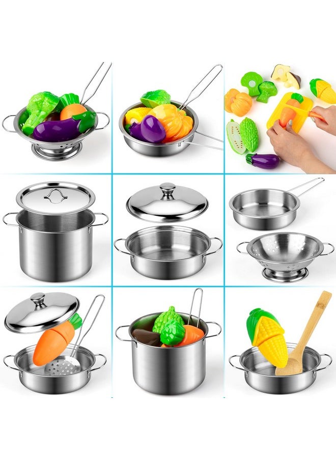 Juboury Kitchen Pretend Play Toys with Stainless Steel Cookware Pots and Pans Set, Cooking Utensils, Apron & Chef Hat, Cutting Vegetables for Kids, Girls, Boys, Toddlers