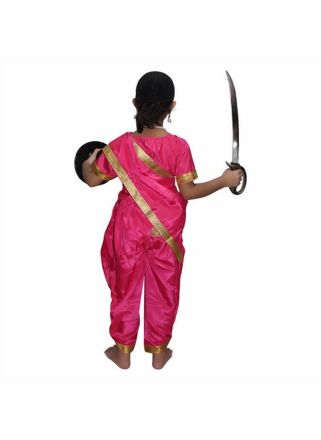 Kaku Fancy Dresses Silk & Polyester National Hero Jhasi Ki Rani Fancy Dress For Girls | Freedom Fighter Rani Laxmi Bai Costume For Independence Day & Republic Day -Magenta, 3-4 Years, For Girls
